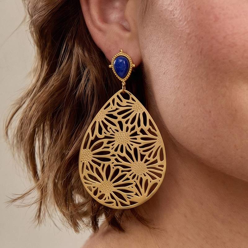 Ivanda Filigree Teardrop Earrings with Lapis PVD 18K Gold Plated Stainless Steel YWD8-E2504970 Ivanda Filigree Teardrop Earrings with Lapis PVD 18K Gold Plated Stainless Steel YWD8-E2504970 - view 2