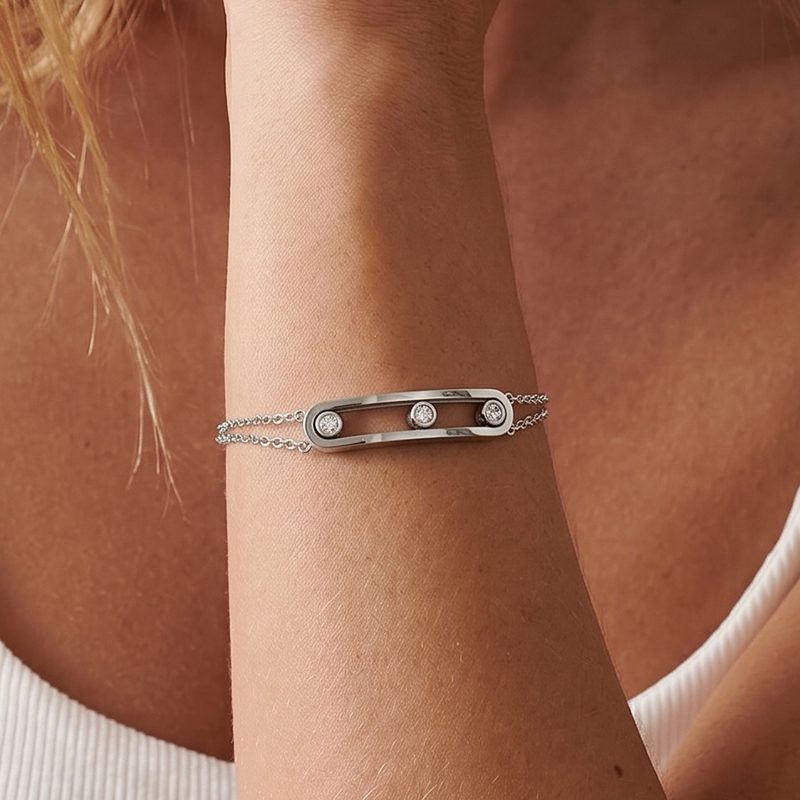 Ivanda Silver-Tone Double Chain CZ Bar Bracelet Silver-Tone Stainless Steel CHOS-0168-G Ivanda Silver-Tone Double Chain CZ Bar Bracelet Silver-Tone Stainless Steel CHOS-0168-G - view 2