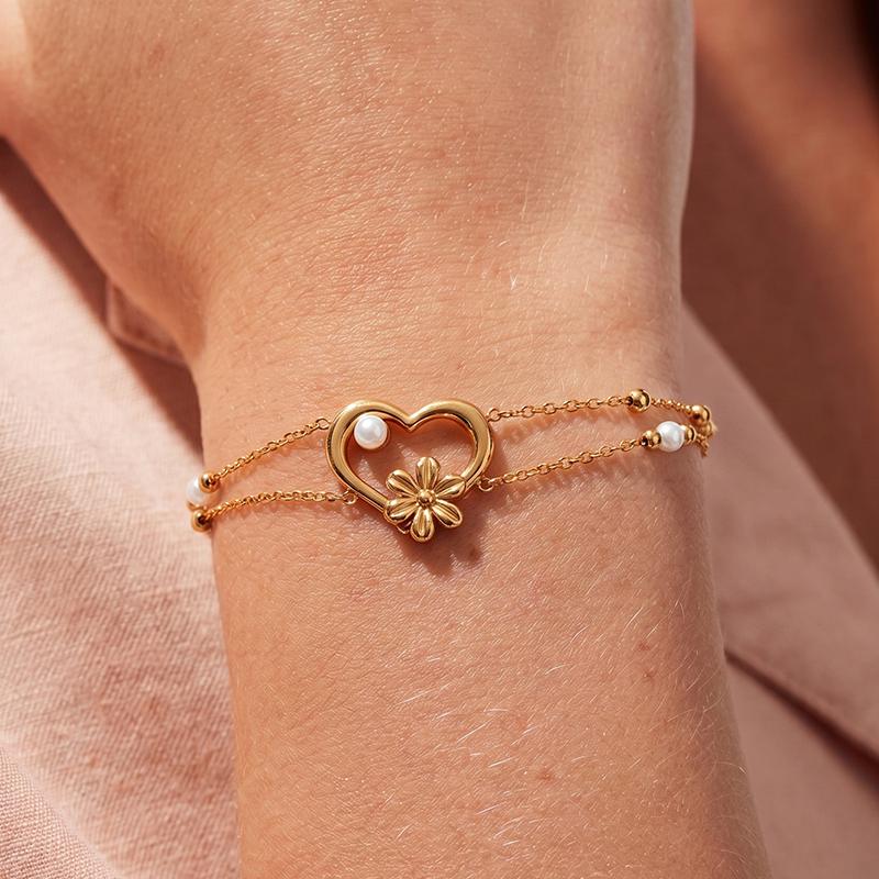 Ivanda Heart & Flower Double Chain Bracelet PVD 18K Gold Plated Stainless Steel YWD8-S2504175-B - view 2