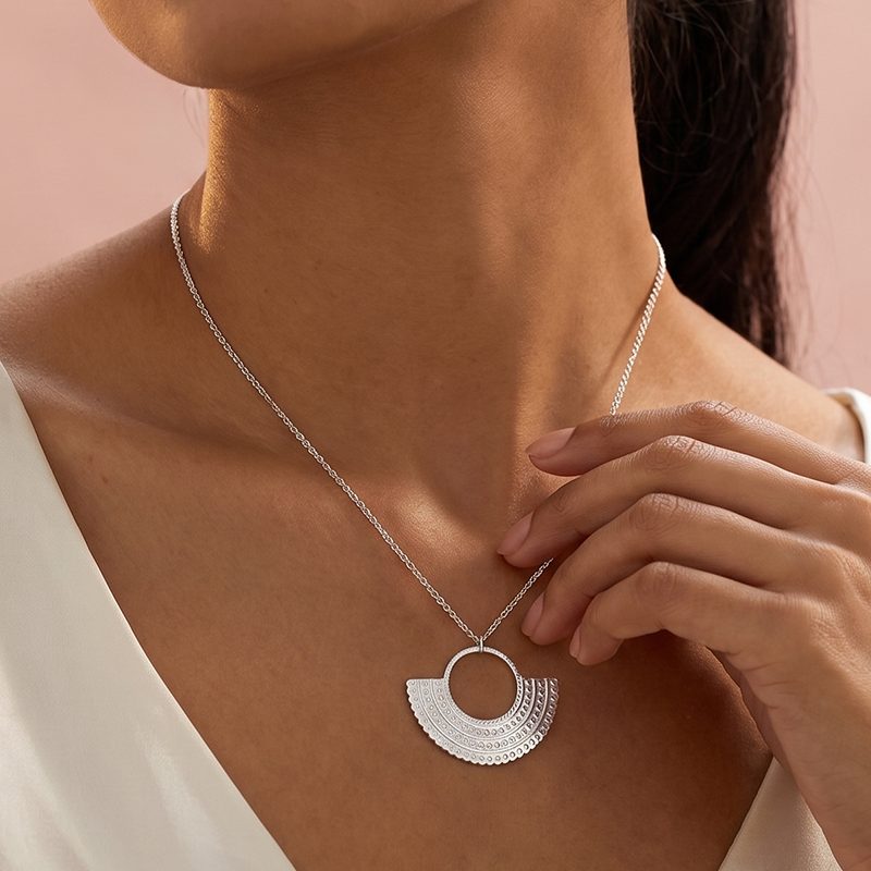 Ivanda Textured Half-Circle Pendant Necklace Silver-Tone Stainless Steel CH1930 - view 2