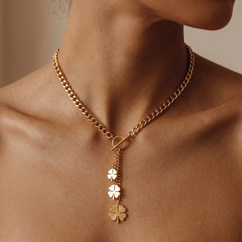 Ivanda Chunky Curb Clover Tassel Necklace PVD 18K Gold Plated Stainless Steel CHOFXL-0533-J - view 5