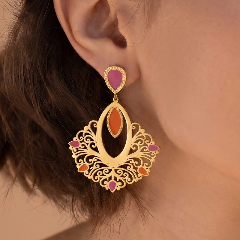 Ivanda Filigree Fan Earrings Pink Enamel PVD 18K Gold Plated Stainless Steel YWD8-E2504974 Ivanda Filigree Fan Earrings Pink Enamel PVD 18K Gold Plated Stainless Steel YWD8-E2504974 - view 3