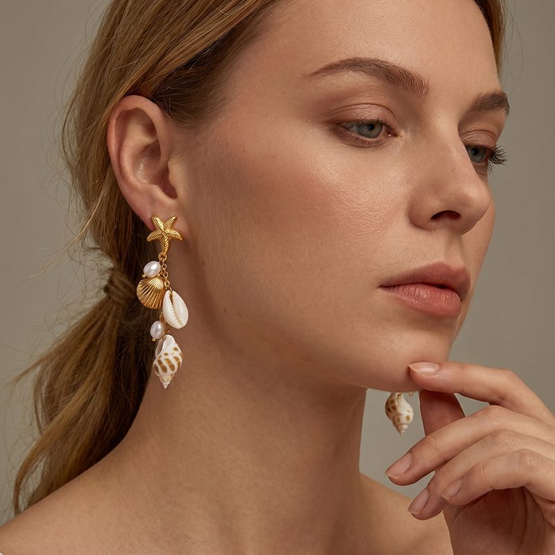 Ivanda Starfish Shell Conch Cluster Earrings PVD 18K Gold Plated Stainless Steel CHEH00783-1 - view 4