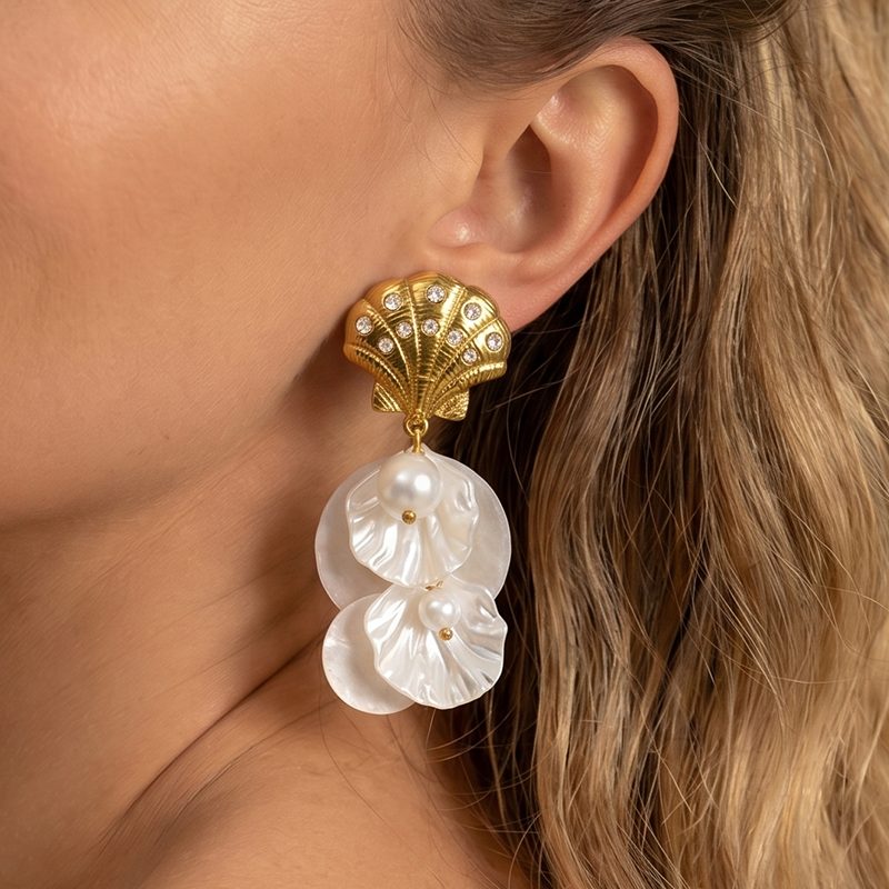 Ivanda Pavé Shell Pearl Cluster Earrings Gold CH1924 - view 5