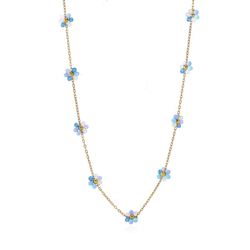 Ivanda Blue Flower Station Necklace Gold CHOX-1329-J - view 2