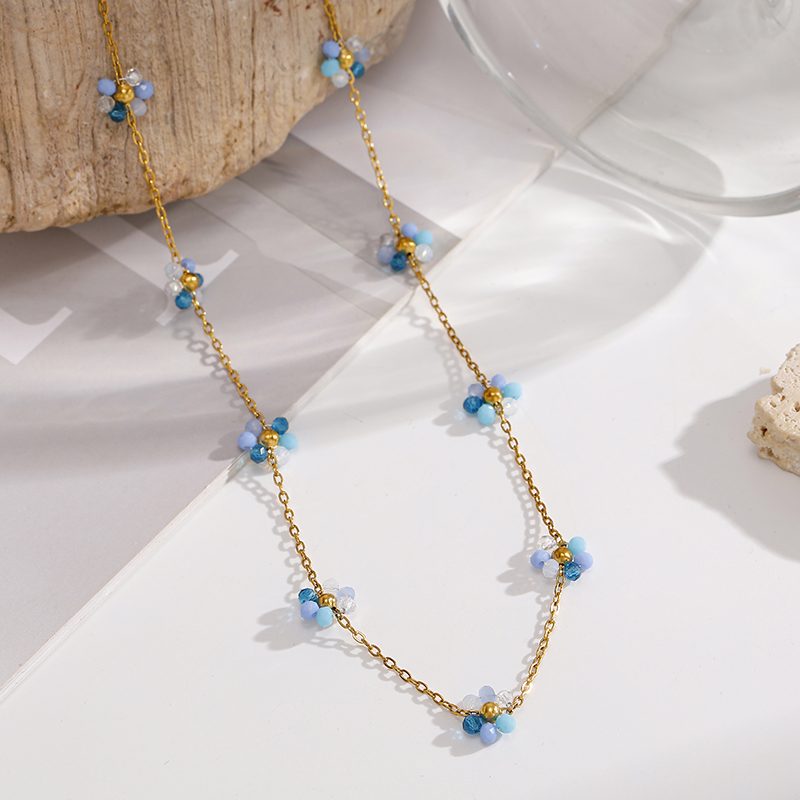 Ivanda Blue Flower Station Necklace Gold CHOX-1329-J - view 4