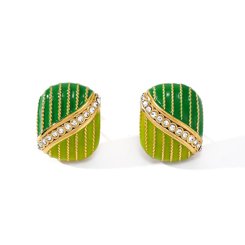 Ivanda Green Ribbed Oval Stud Earrings YWD2-E2504958-2 Ivanda Green Ribbed Oval Stud Earrings YWD2-E2504958-2 - view 2